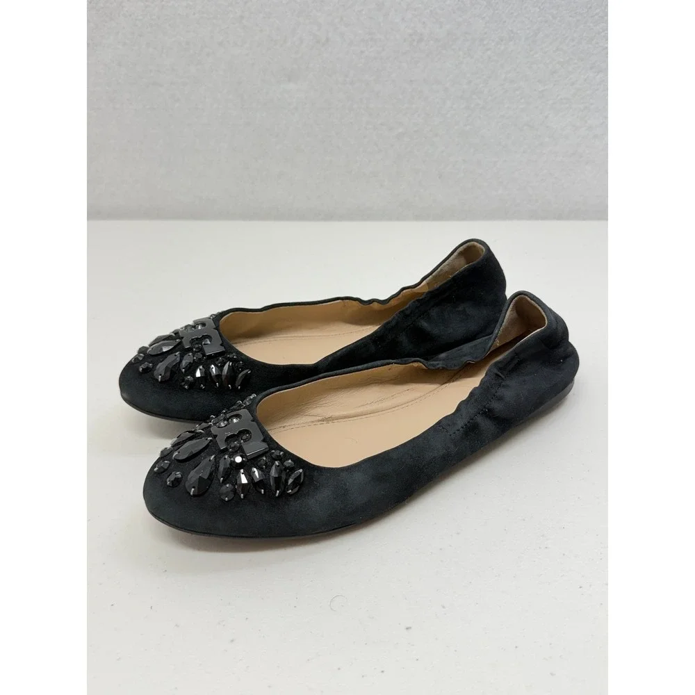Tory Burch Reva Black Suede Embellished Crystal Logo Ballet Flats Shoes 6.5